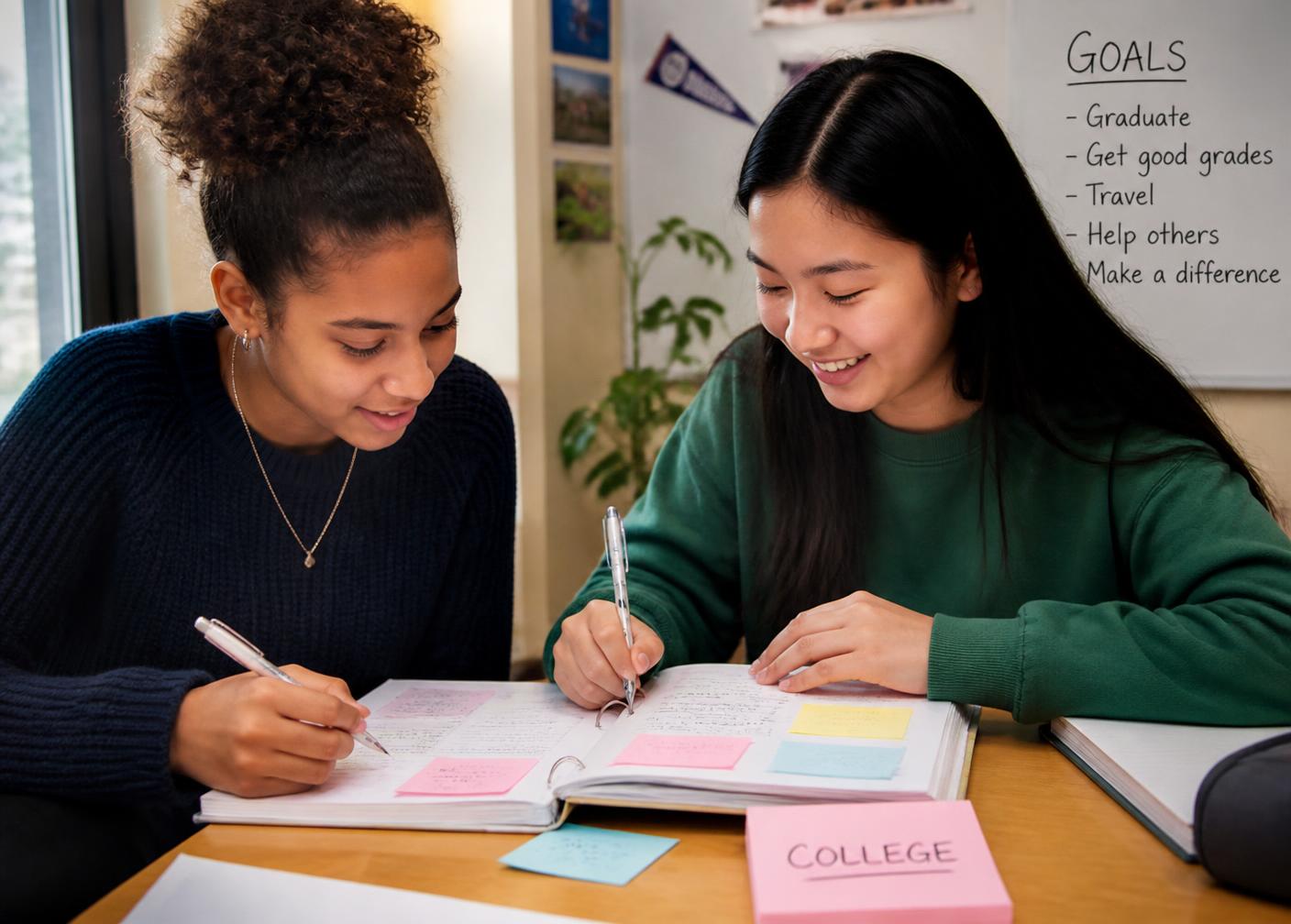 Two students planning goals together in a notebook