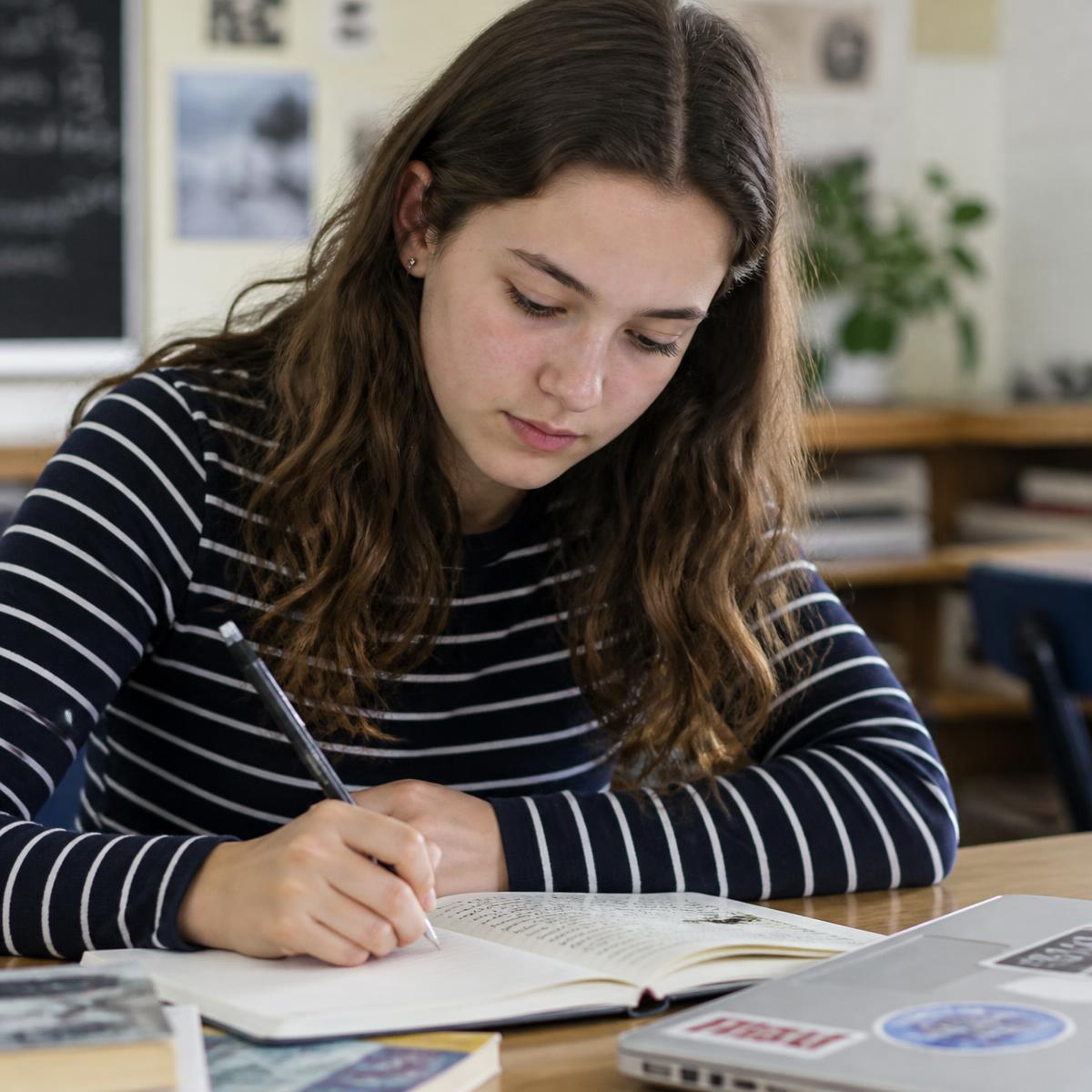 Student reflecting and writing in a journal
